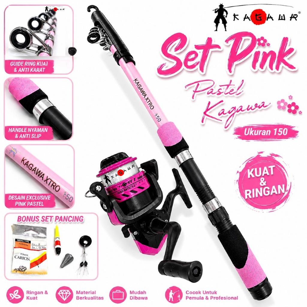 Kagawa Set Joran Pancing Pastel Pink Macaron Reel Siap Pakai