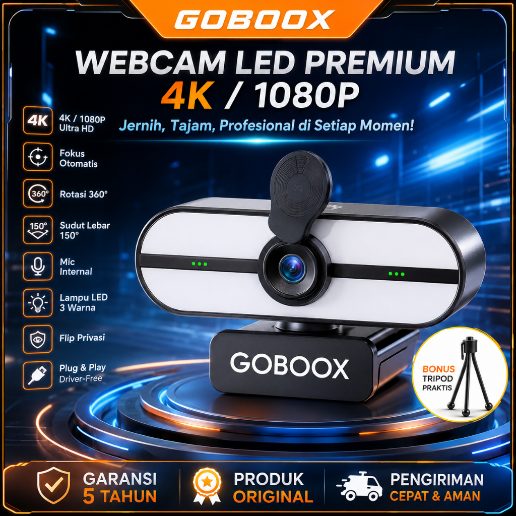 Goboox [Lampu Sentuh Kecantikan] Webcam Laptop PC 4K 1080P Full HD With Mic Penutup Privasi USB Kamera Laptop Live Streaming Sudut Lebar 150° For Zoom Google Meeting (Free:Mini Tripod)