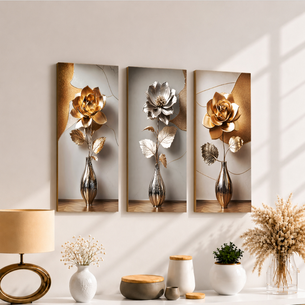 TENNESY Hiasan Dinding Aesthetic Rustic Gold Flower Set Isi 3 Panel 15x30CM Pajangan Ruang Tamu Dekorasi Rumah