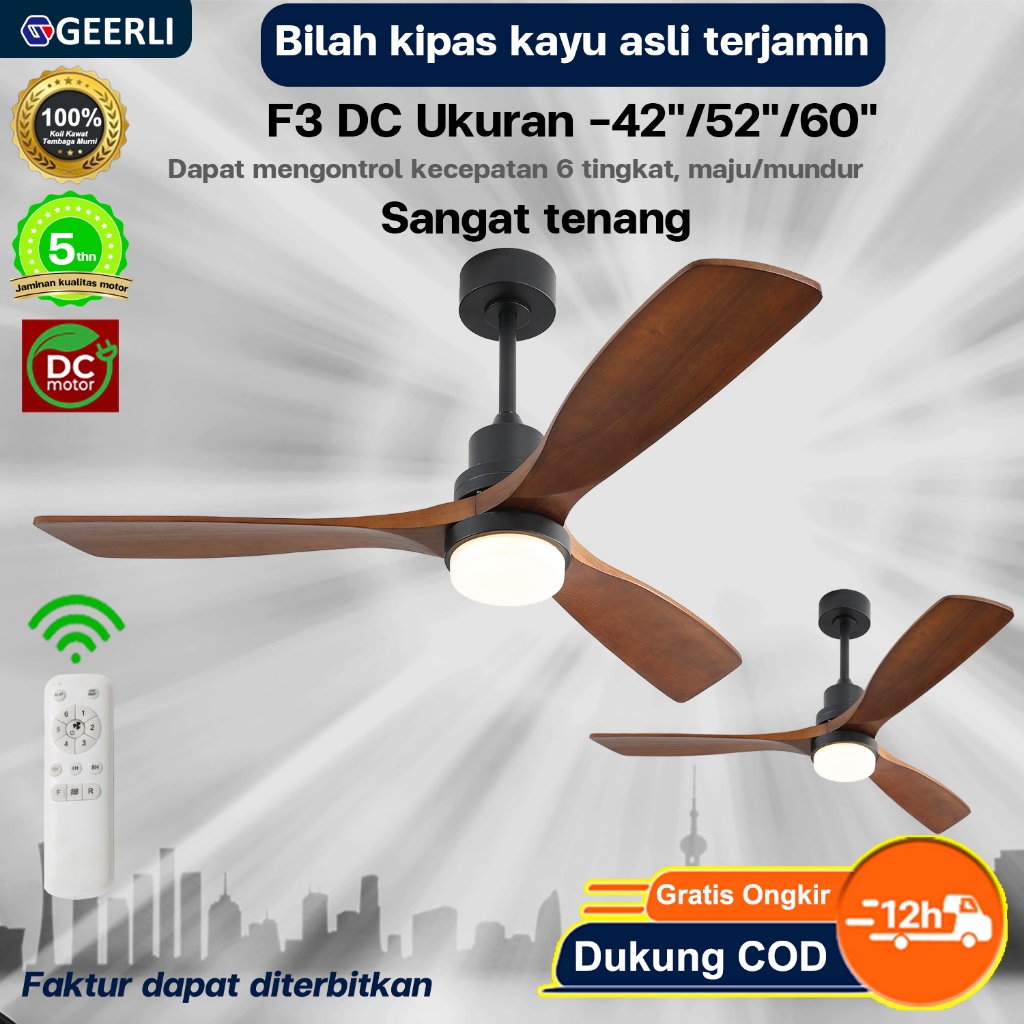 GEERLI  COD! Kipas angin gantung 42/52/60 inci 3 bilah, bilah kayu solid, 6 kecepatan + lampu LED 3 warna, remote control, fungsi putar maju mundur dan timer. Motor DC tembaga murni, hemat energi dan senyap, cocok untuk hotel/vila/kamar tidur