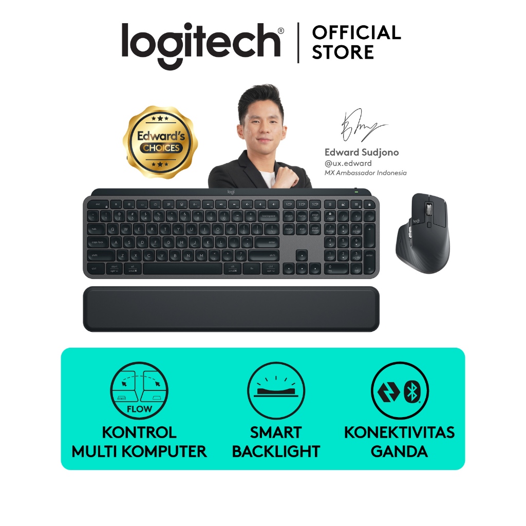 Logitech MX Keys S Combo - MX Keys S + MX Master 3S, Keyboard dan Mouse Wireless Bluetooth dengan Palm Rest, Penerangan yang Dapat Disesuaikan, Scroll