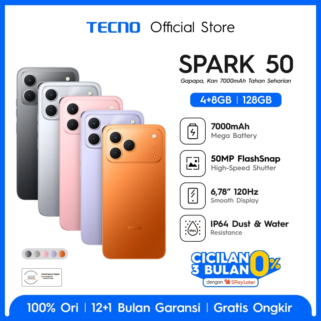 TECNO SPARK 50 - 4+8GB*/128GB, 7000mAh Mega Battery, 50MP AI Camera + FlashSnap, 120Hz 6.78" Smooth Display, IP64 High Durability