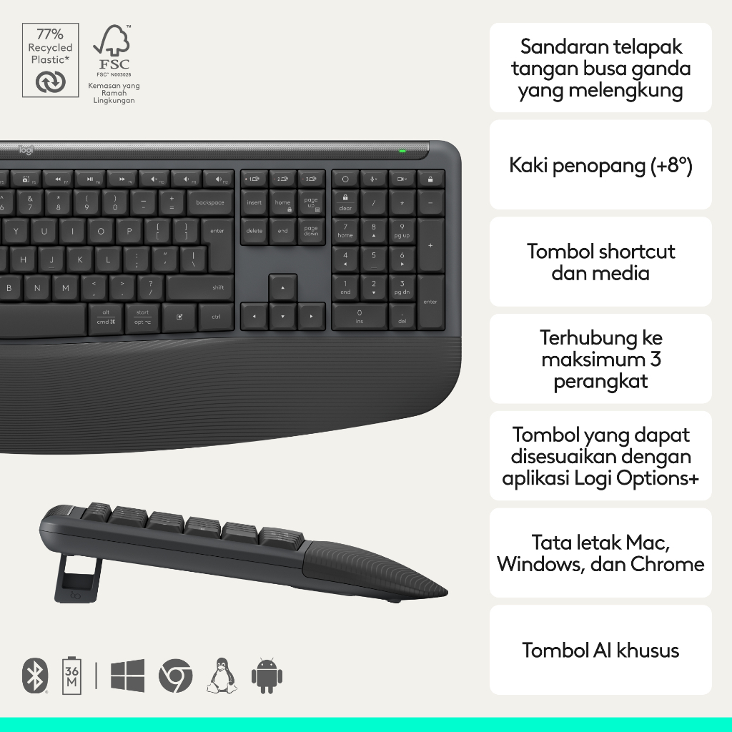 Logitech Signature Comfort Plus Combo MK880 Wireless Keyboard and Mouse Combo, Keyboard Nyaman Ukuran Penuh dengan Sandaran Telapak Tangan, Klik Senya (3)