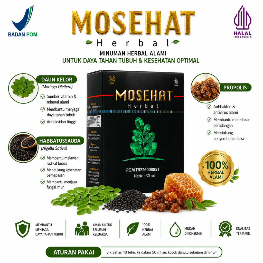Mosehat Obat Wasir Ambeien Ambeyen Herbal Original Ampuh Ber BPOM Berkhasiat ekstrak Moringa Daun Kelor Habbatussauda Propolis