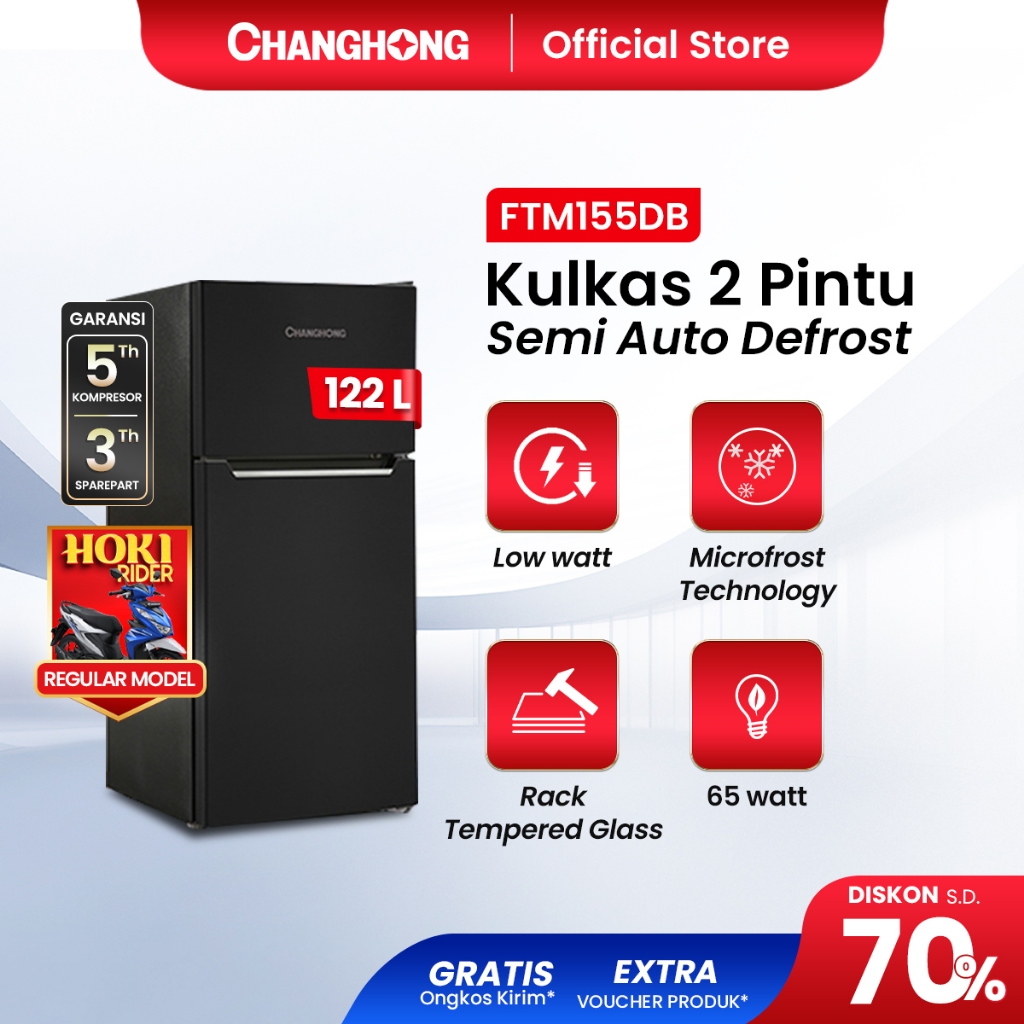 [TERLARIS 2 PINTU] Changhong  Kulkas 2 Pintu  (Refrigerator) Lemari Es  Kapasitas 122 Liter FTM155DB Black (Semi Auto Defrost) (Kulkas Minimalis Design Korean Look) (Kulkas Fleksibel) (Kombinasi Pendingian Dan Pembekuan) ( Kulkas Temperred Glass)