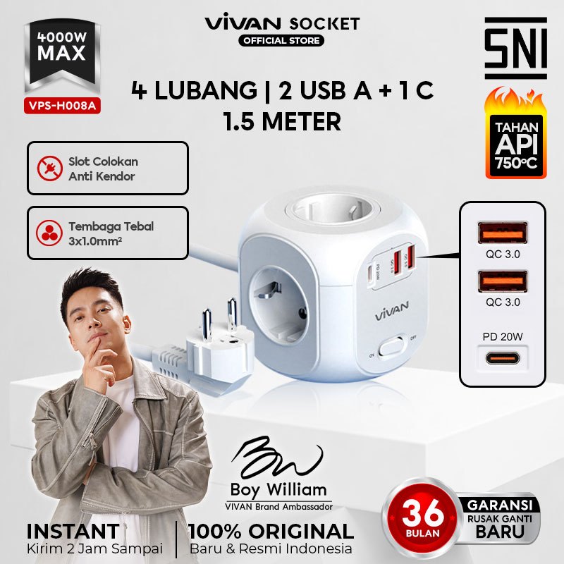 Jual [Stop Kontak 7 in 1] VIVAN Safety Socket Cube 4 Lubang 2 USB A 1 ...