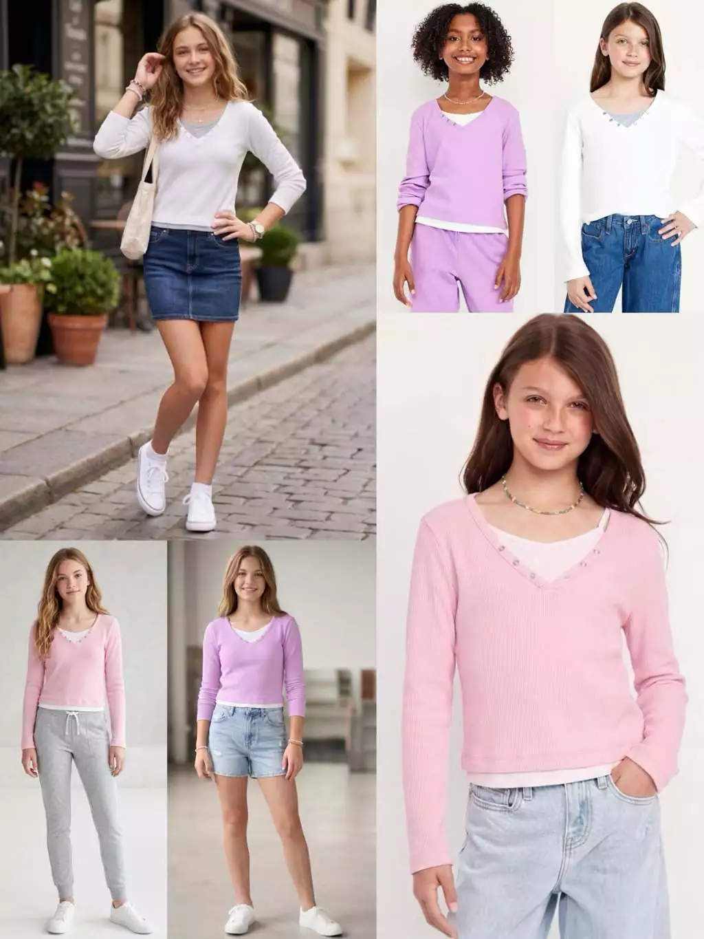 Atasan Lengan Panjang Anak OLN Long-Sleeve 2-In-1 Fitted Henley Top for Girls - 2598