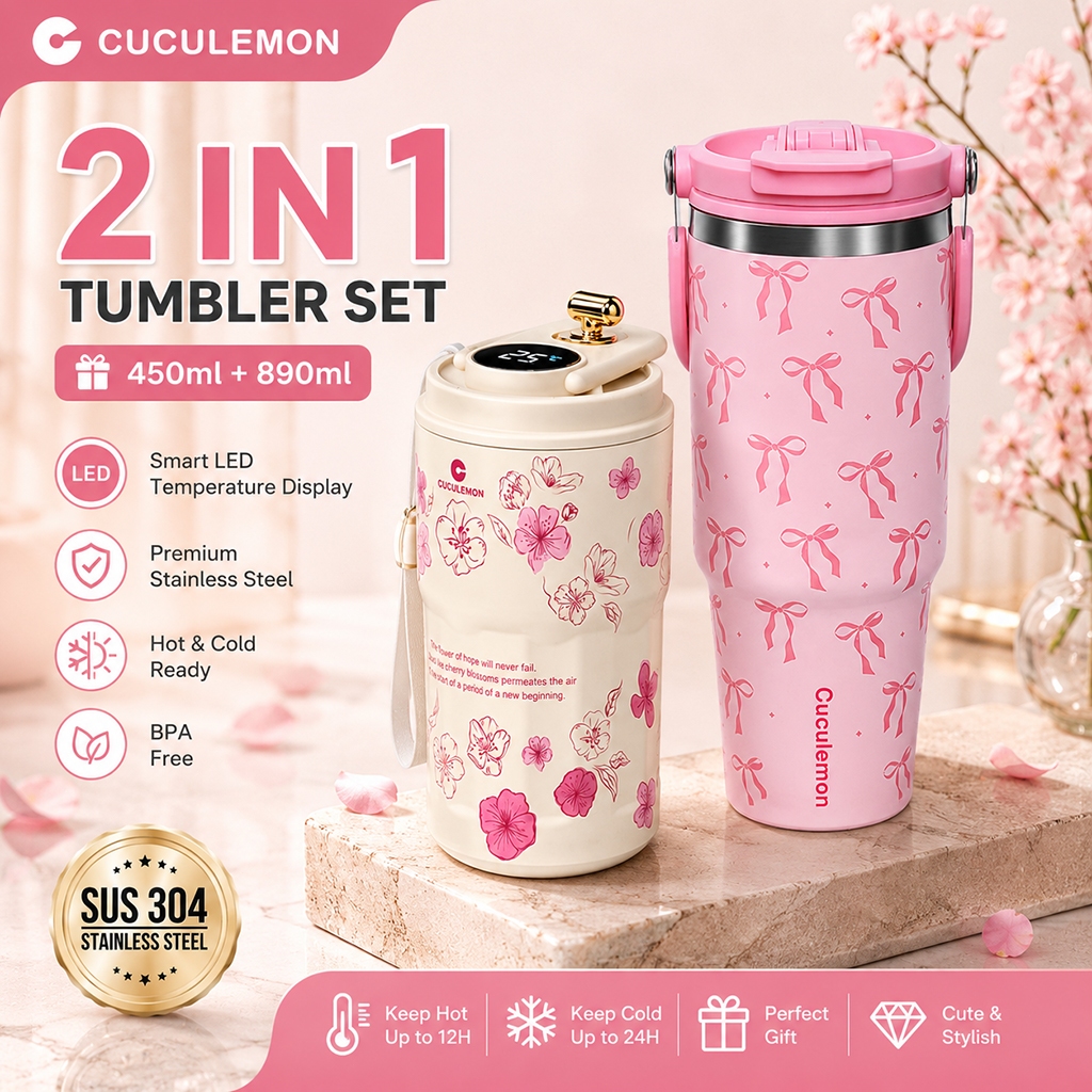 Cuculemon Tumbler Set 450ml & 890ml SUS304 Termos Vakum Layar Suhu Digital Motif Bunga Kupu-Kupu Pita Pink