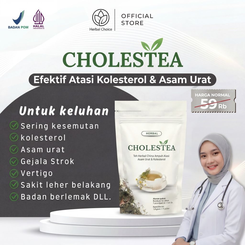 Cholestea Teh Hijau Herbal Penurun Kolesterol & Asam Urat Ampuh Mendetoks Racun & Plak-Plak Jahat Dalam Tubuh Melancarkan Sirkulasi Darah Isi 5 Sachet BPOM