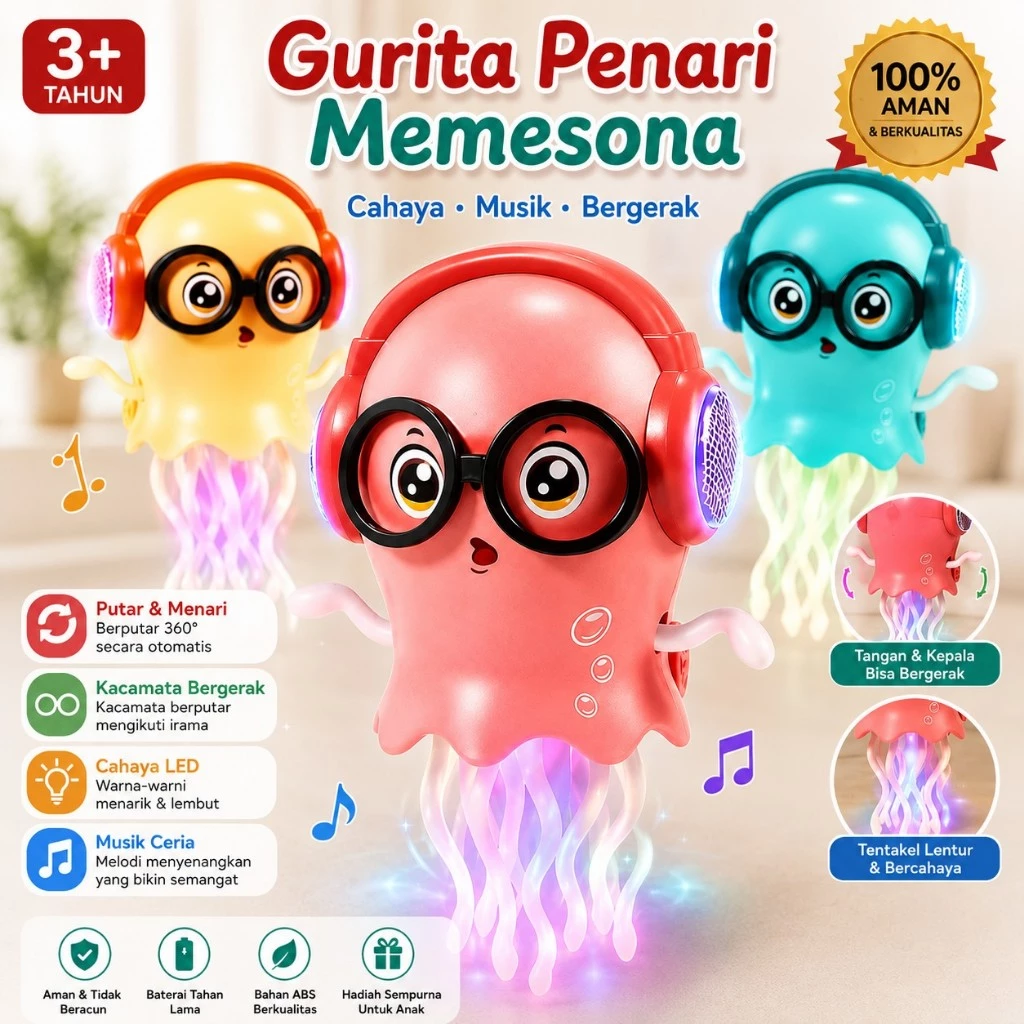 MainMain Gurita Menari Mainan Ubur-Ubur Menari Musik Lampu Dancing Cumi Sensor Gerak Gestur Anak