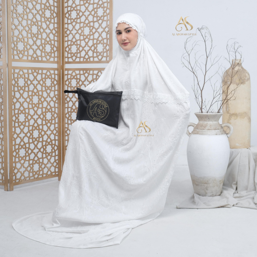 AL AROFAH Mukena Terusan Dewasa Tanpa Tangan katun Linen Bordir Mukenah Lajuran Tanpa Tangan