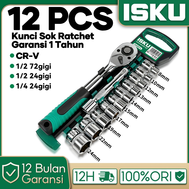 ISKU Kunci Sok Set 12 Pcs 1/2 & 1/4 Inch Ratchet Wrench 4-24mm Alat Bengkel Motor Mobil Sepeda