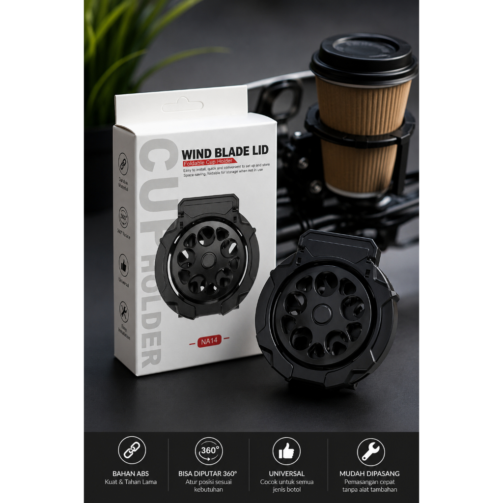 Tempat Gelas Motor Lipat Spinner Cup Holder Botol Stang Spion Universal ABS CNC