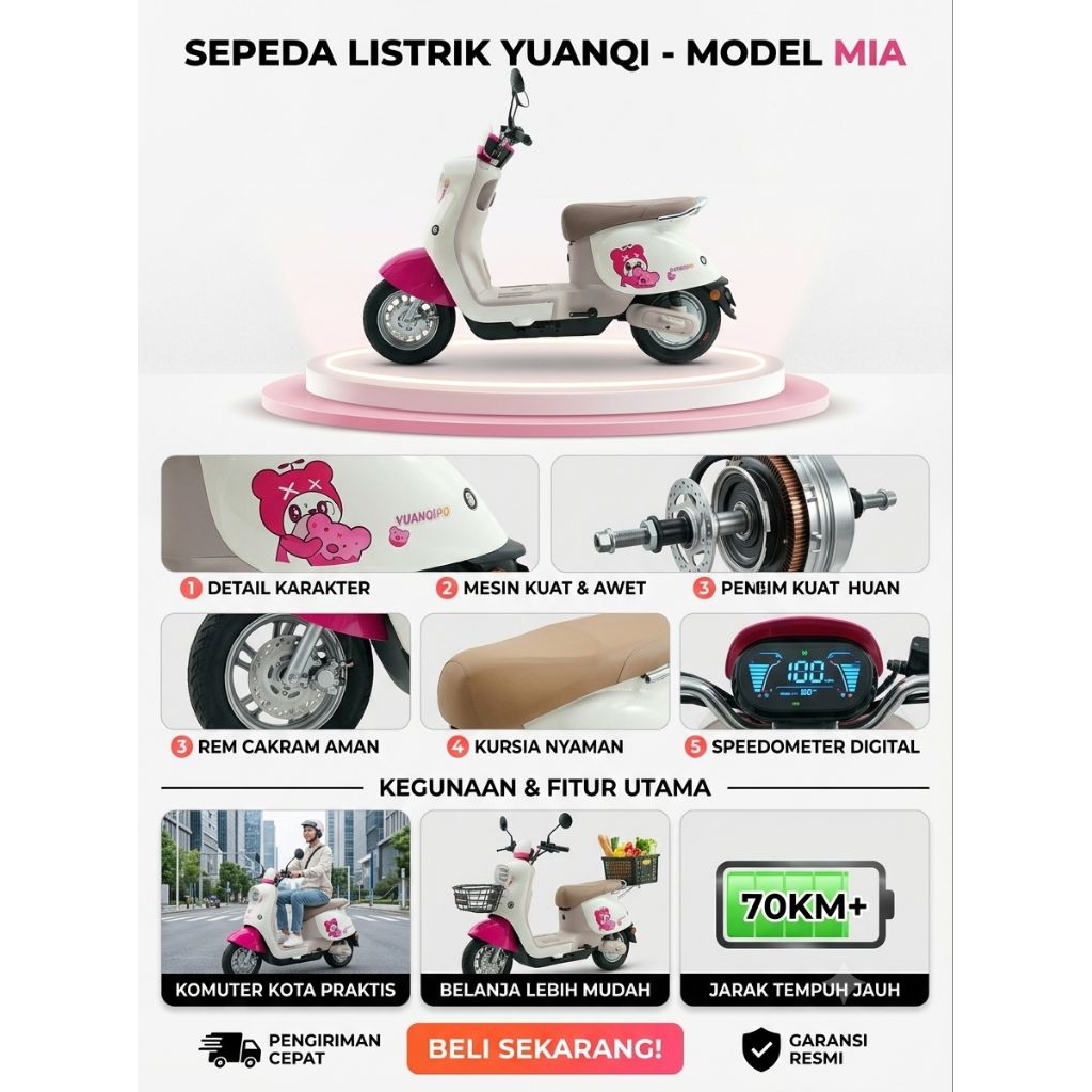 Sepeda Listrik Yuanqi Model Mia Smart E-Bike Jarak Tempuh 70KM Garansi Resmi Original