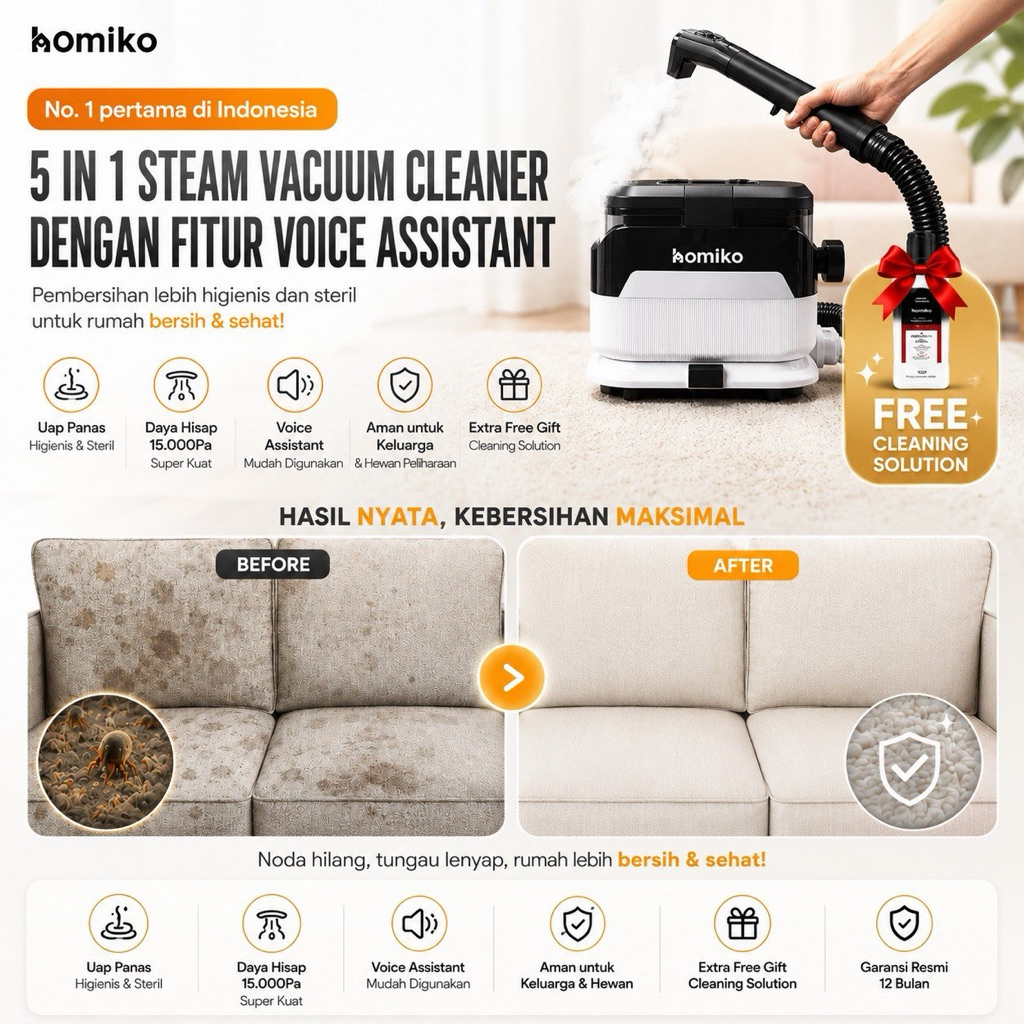Jual [FREE CLEANING SOLUTION] Homiko 5 in 1 Steam Vacuum Cleaner 1650W ...