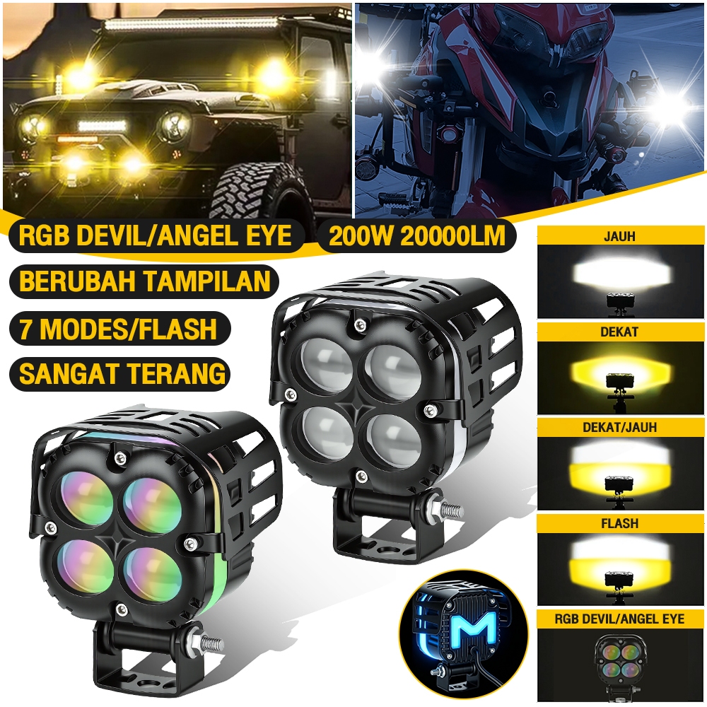 Lampu Tembak LED Motor Mobil 200W Super Terang Lampu Sorot Utama 7 Mode Warna Devil Eye Waterproof IP68 Universal 12V-85V High Low Beam