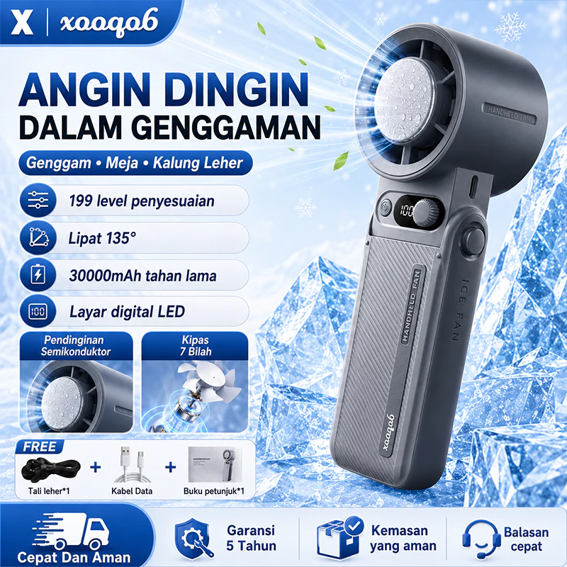 Xooqo6 Kipas Angin Portable Mini Dapat Dilipat dengan Pendingin Semikonduktor TEC 16°C, 199 Kecepatan Angin, Baterai 30000mAh , Layar LED, Lipat 135° 3Mode Genggam/Meja/Gantung, Type-C, Turbo - foto 1