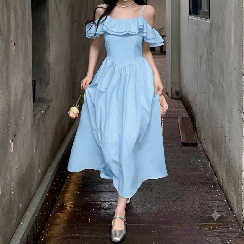 midi dress vintage korean sabrina D1475 ISHANA KOREAN STYLE SABRINA LACE VINTAGE MIDI DRESS SIMPLE POLOS  PESTA DINNER ELEGANT BRUKAT - Black di Blessedstore 27
