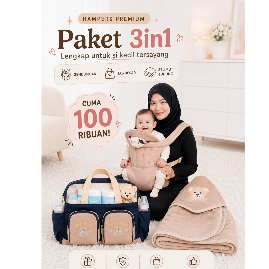 Paket Bayi 3in1 LuxeKiddos – Gendongan Depan + Tas Besar + Selimut Tudung Boneka | Premium Baby Set Kado Newborn