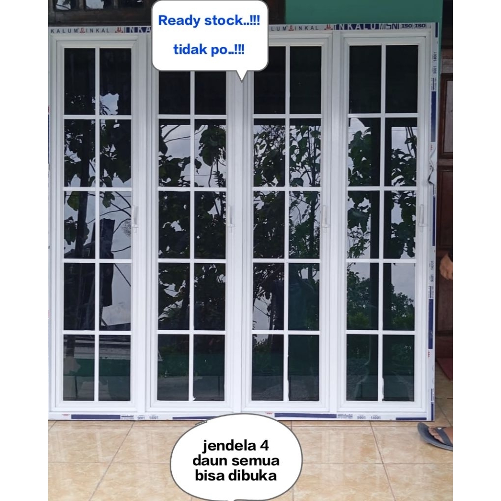 jendela aluminium ornamen kotak kotak ukuran Lebar 160cm x Tinggi 160cm dan lebar 160cm x tinggi 180cm 4 daun hidup semua  lengkap handle pengunci,tinggal pasang Tersedia Kusen 3 inci dan 4inci