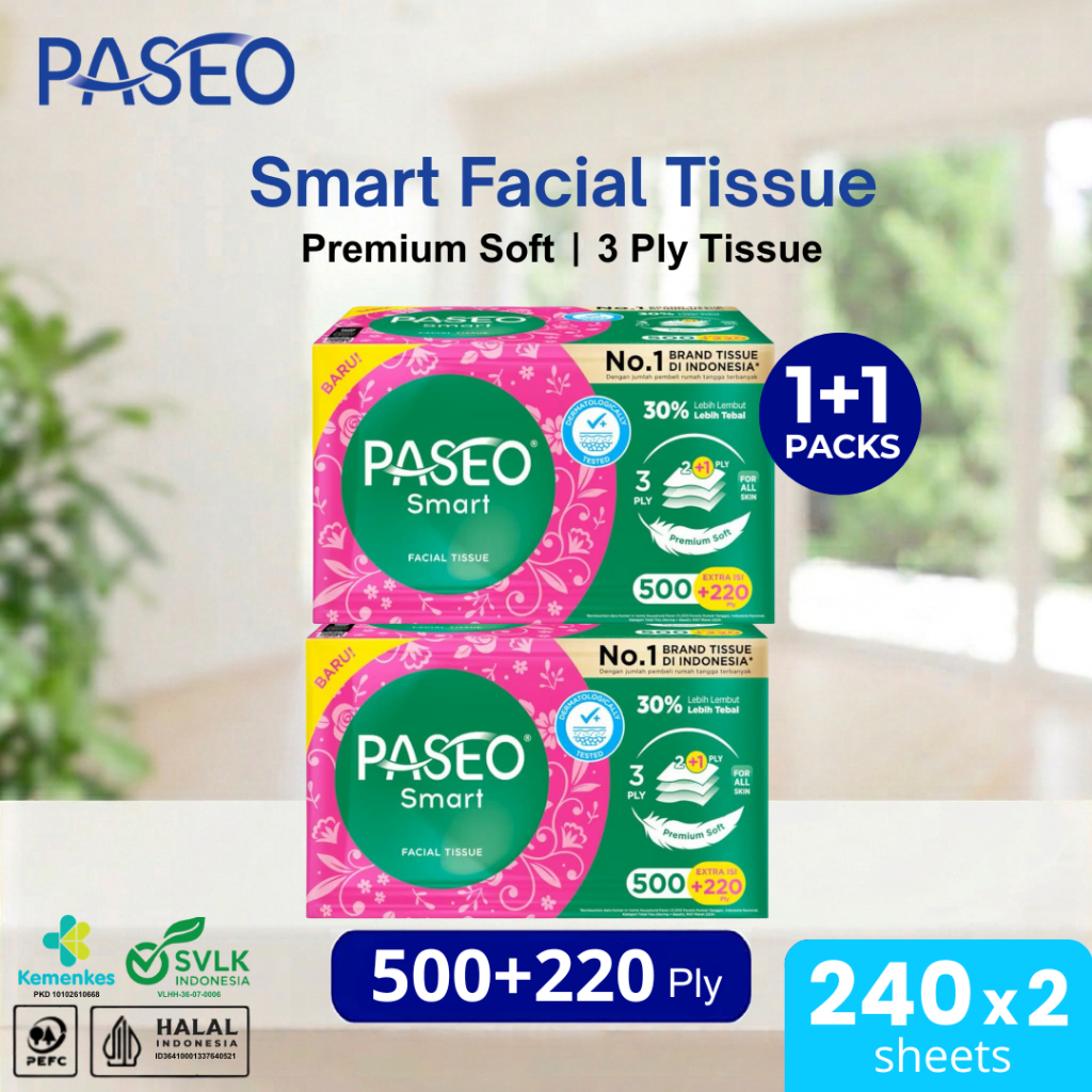 (PROMO) Beli 1 Gratis 1 PASEO Smart Facial Tissue Premium Soft Pack 720 Ply (500+220 Ply) | 3 Ply | Tisu Wajah Serbaguna
