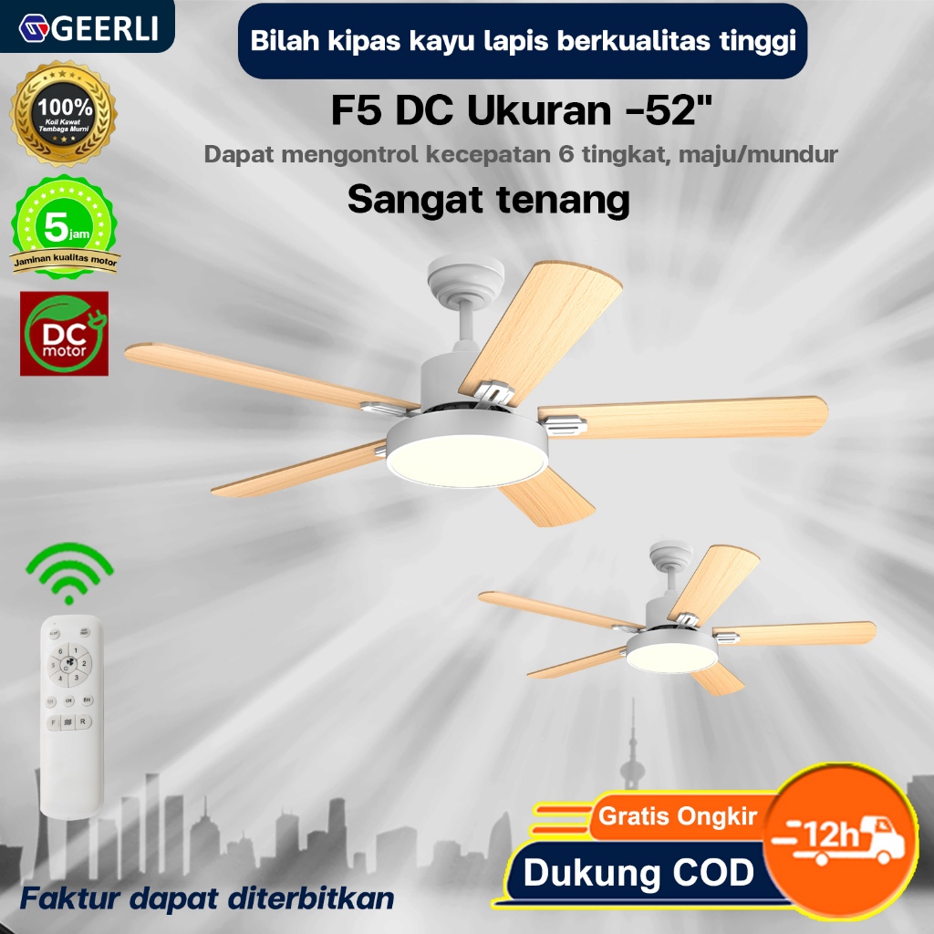 GEERLI Kipas angin gantung lampu 5 bilah Warna kayu alami 52 inci, dengan remote control motor DC tembaga murni, 6 kecepatan dapat disesuaikan + lampu LED 3 warna, hemat energi dan senyap, memiliki fungsi putar balik dan timer, cocok untuk hotel/kafe