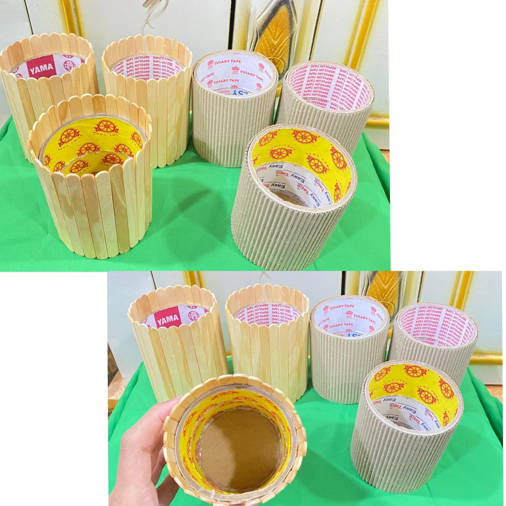 prakarya kerajinan tempat pensil bekas lakban, stick es krim, dan kardus karton polos
