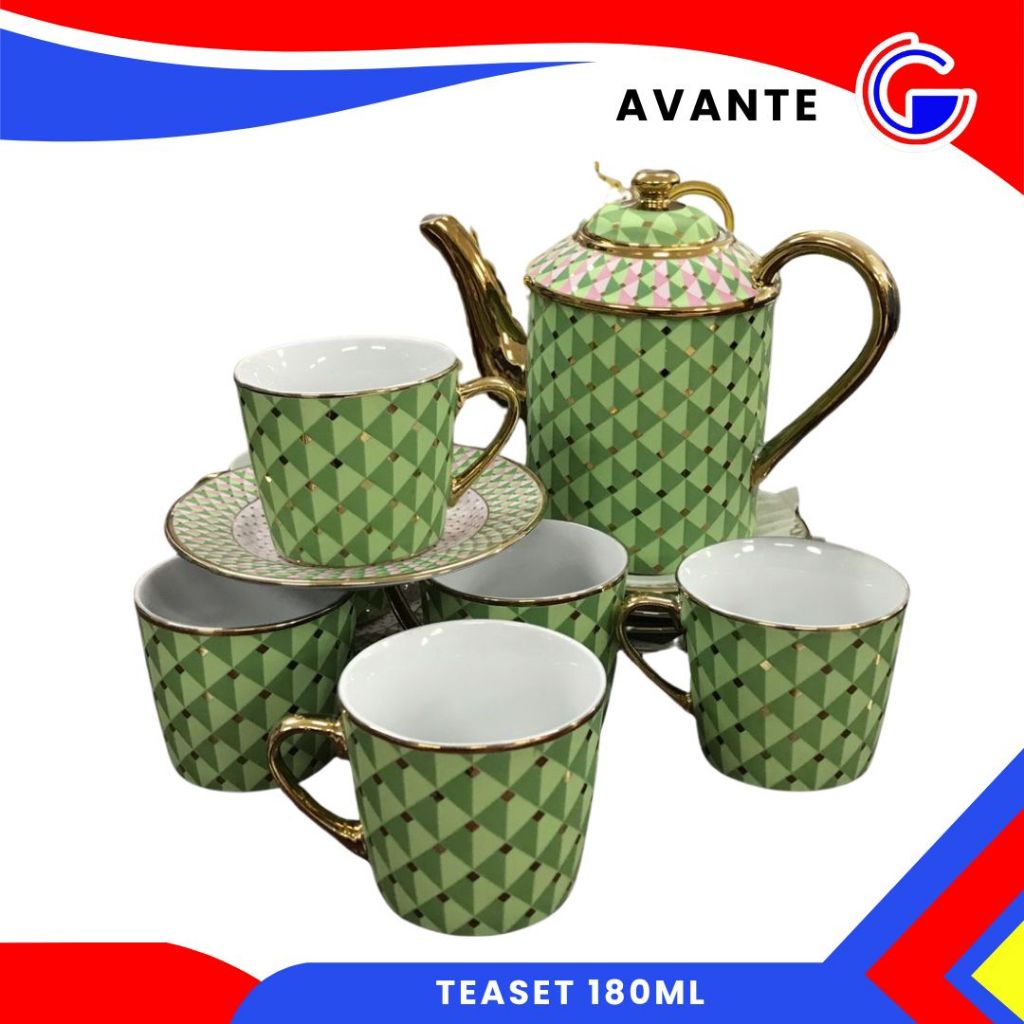 Avante Emerald Tea Set Keramik 6 Cangkir Lepek 1 Teko Hijau List Emas - Hampers Lebaran Wedding Gift Box