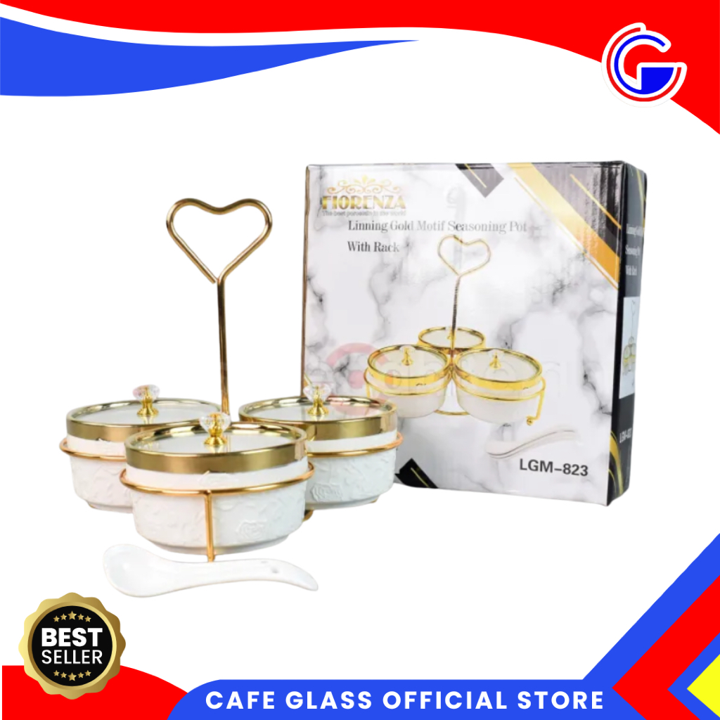 Fiorenza Tempat Bumbu Keramik Gold Bunga Emboss Set 3 Wadah Sambal 3 Sendok 1 Rak Love