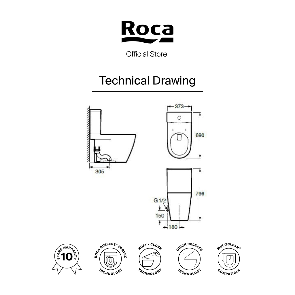Jual ROCA Ona Rimless Close Coupled WC with Multiclean Seat Cover ...