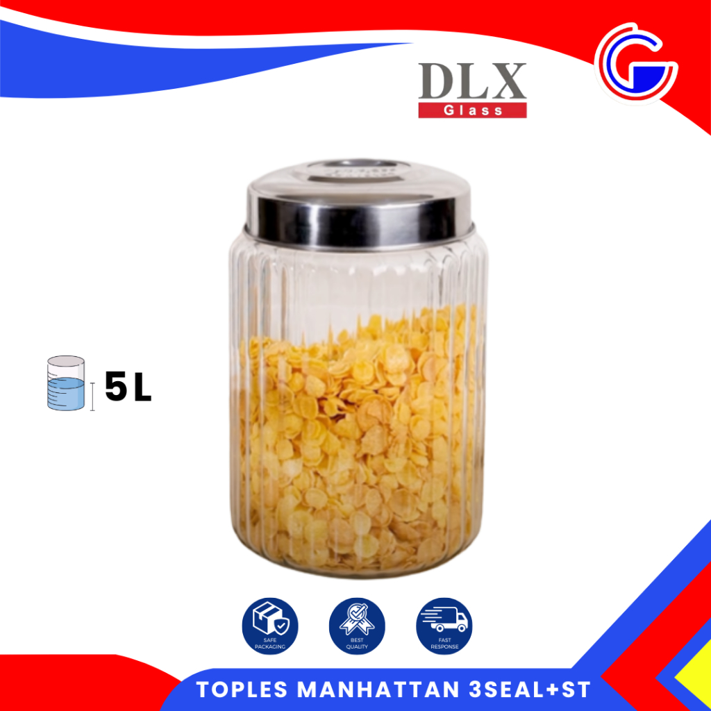 Toples Kaca Manhattan 3 Seal + Tutup Stainless - Toples Snack Kerupuk Manisan Jumbo 5 Liter - Stoples Kaca Tutup Stainless Airtight