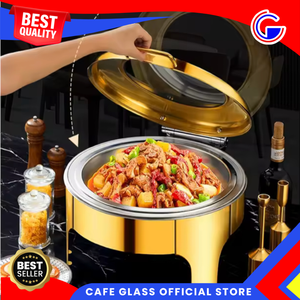 Prasmanan Set Stainless Bulat 6L - Wadah Saji Tutup Kaca Gold Silver - Penghangat Makanan Listrik Spiritus - Fliptop Roll Top