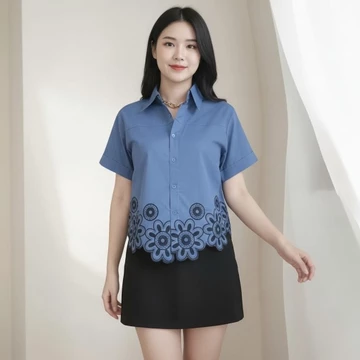 Rina Flower Basic Cotton Blouse Atasan Kemeja Wanita Korean Style Basic Lengan Pendek