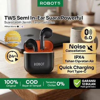 ROBOT TWS Wireless Earphone Airbuds Earbuds Chip 5.3 Semi In-Ear Bass Extra Deep Tahan Air Smart Touch Control Suara Jernih Stereo Headset Bluetooth Portable untuk Musik & Telepon Original Garansi Resmi 12 Bulan - T50S Black