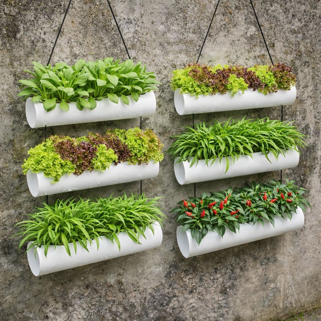 Pot Tanam Vertikal Pipa PVC Sistem Gantung untuk Stroberi dan Sayuran Hidroponik Hemat Ruang Desain Lubang Tanam Bertingkat Estetis Cocok untuk Pekarangan Rumah Kebun Minimalis Tahan Cuaca Mudah Dipasang dan Dirawat