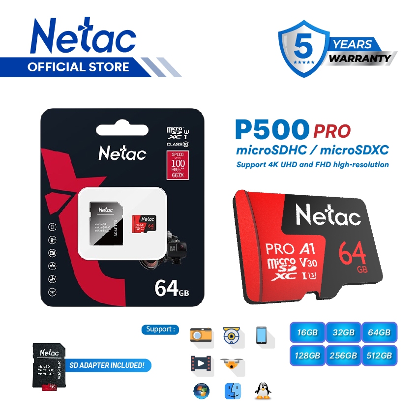 Jual Netac MicroSDXC P500 Pro 64GB MicroSD Card with SD Adapter V30/A1 ...