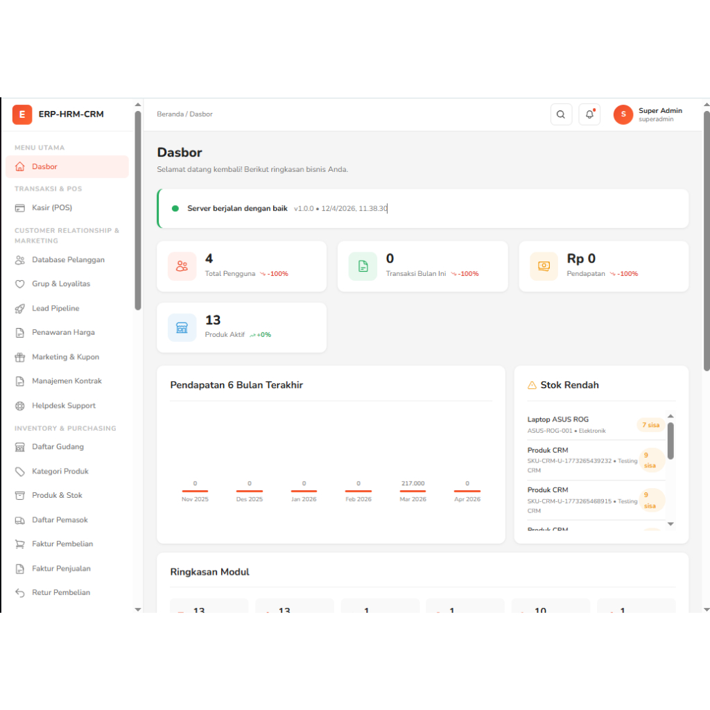 ERP HRM CRM Full Source Code Aplikasi Manajemen Bisnis Node.js React PostgreSQL