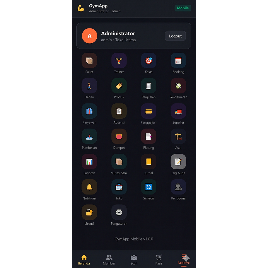 Aplikasi GYM Manajemen - Sistem Fitness Center Member Check-in POS Kasir Laporan Multi Device