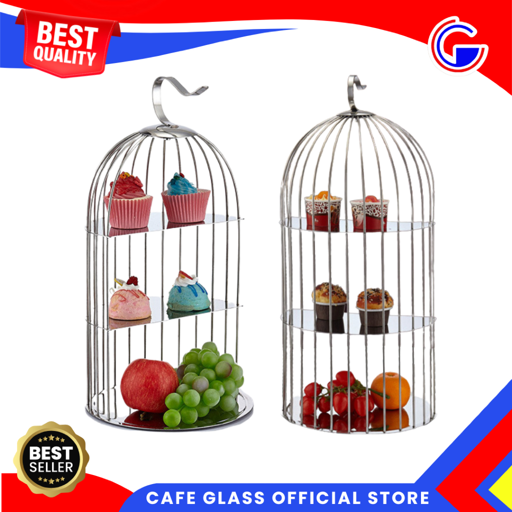 Rak Kue Susun 3 - Display Dessert Kosmetik Parfum - Sangkar Burung Besi Silver - Prasmanan Hotel Cafe