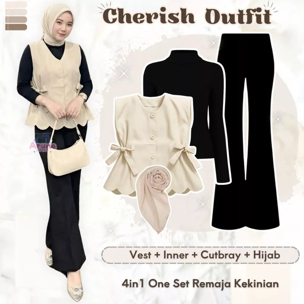 One Set 4in1 Simple Vest Cherish Inner Cutbray Bella Square Setelan Wanita Kekinian Siap Pakai AS4V