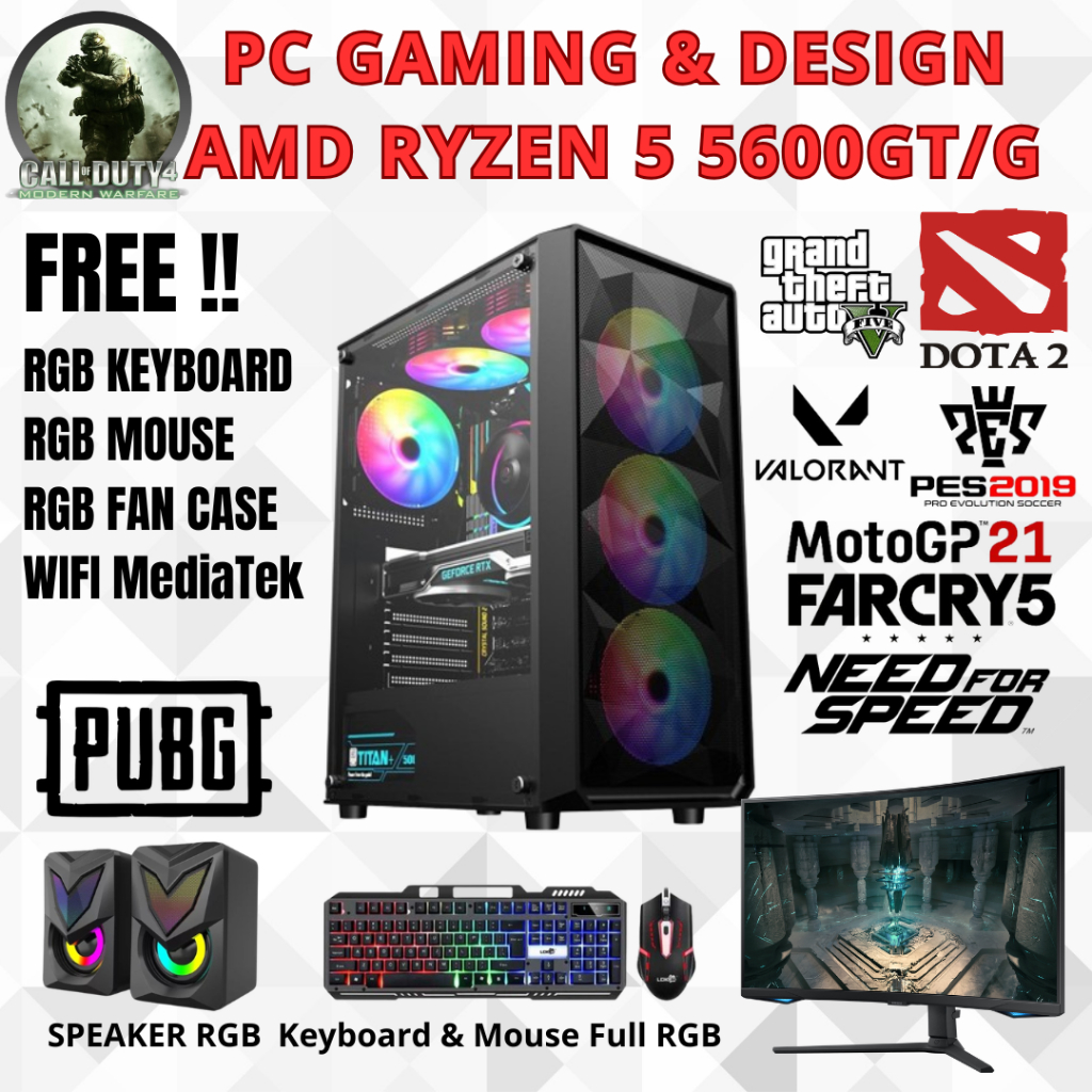 PC GAMING & DESIGN AMD RYZEN 5 5600G 5600GT 5500GT SSD NVME 1TB HDD 500GB LED 24 inch Gaming