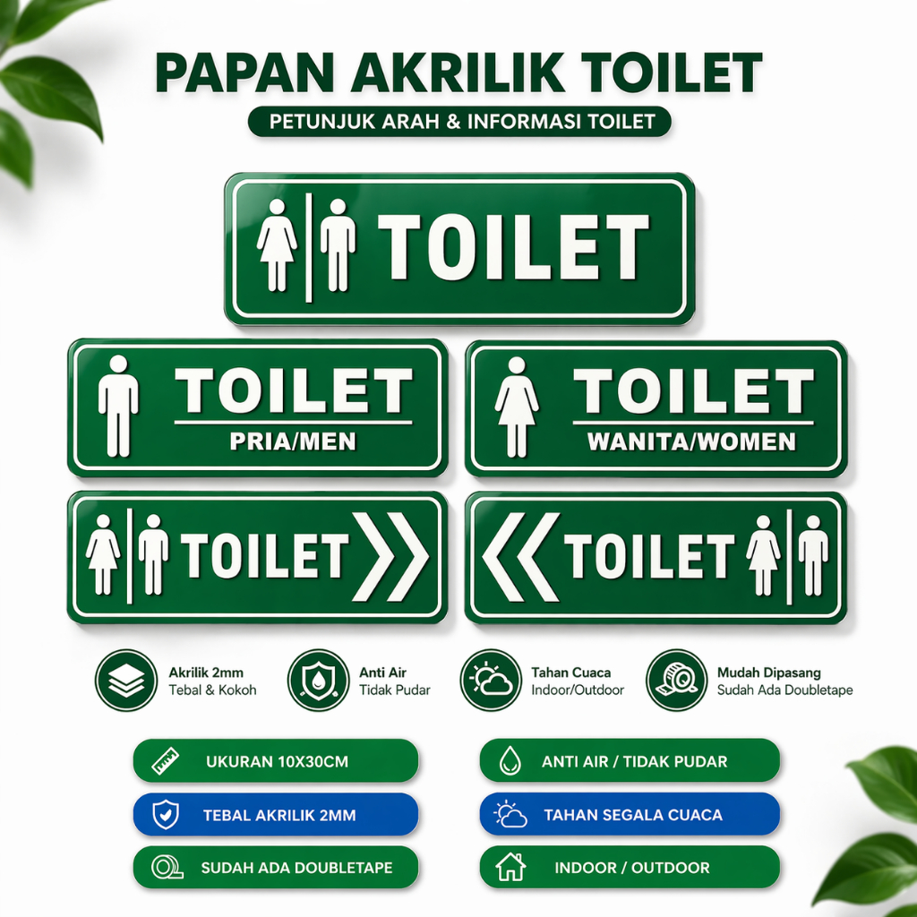 Toilet Pria Dan Wanita, Arah Kanan Kiri - Papan Penanda Akrilik 10x30 cm Tebal 2mm