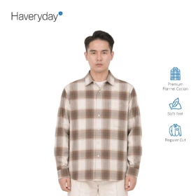 HAVERYDAY Kemeja Pria Flannel Veterano Long Sleeve Dengan Desain Plaid Beige
