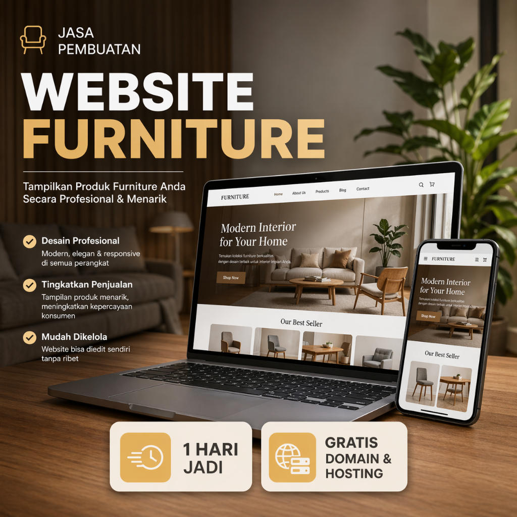 Website Furniture - Domain Hosting 1 Tahun - Optimasi Google Dasar - Web Mebel - Web Interior - Jasa Buat Web Katalog Produk - Jasa Pembuatan Website Furnitur - Website Dekorasi