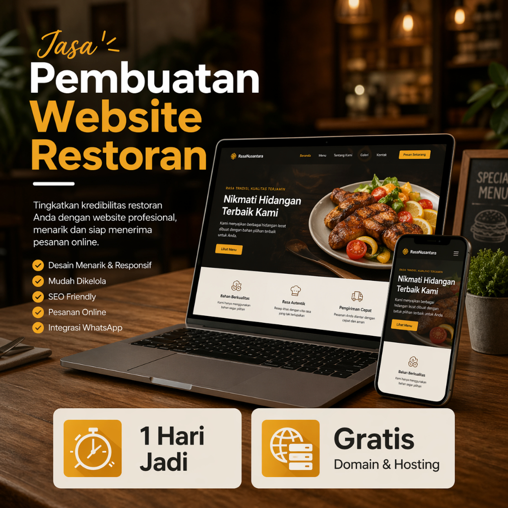 Website Restoran - Domain Hosting 1 Tahun - Optimasi Google Dasar - Web Kuliner - Web Rumah Makan - Jasa Buat Web Cafe - Jasa Pembuatan Website Bisnis Makanan - Website Resto