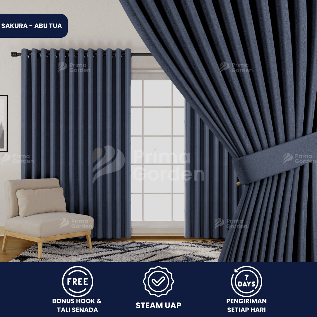Prima Gorden Blackout 6 Gelombang T100-270 Jendela Pintu Minimalis Bahan Polos Import Premium 12 Lubang Smokring