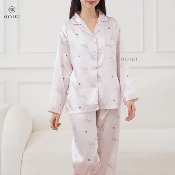 NOIRI Piyama Wanita Blue Bear Bunny Coquette Satin Premium Baju Tidur Lengan Panjang Elegan