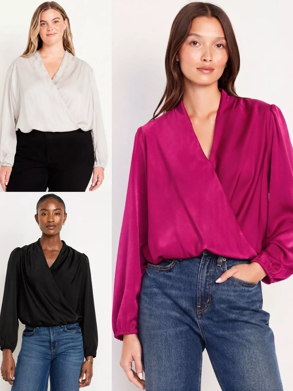 Atasan Lengan Panjang Wanita OLN Wrap-Front Satin Blouse - 2365
