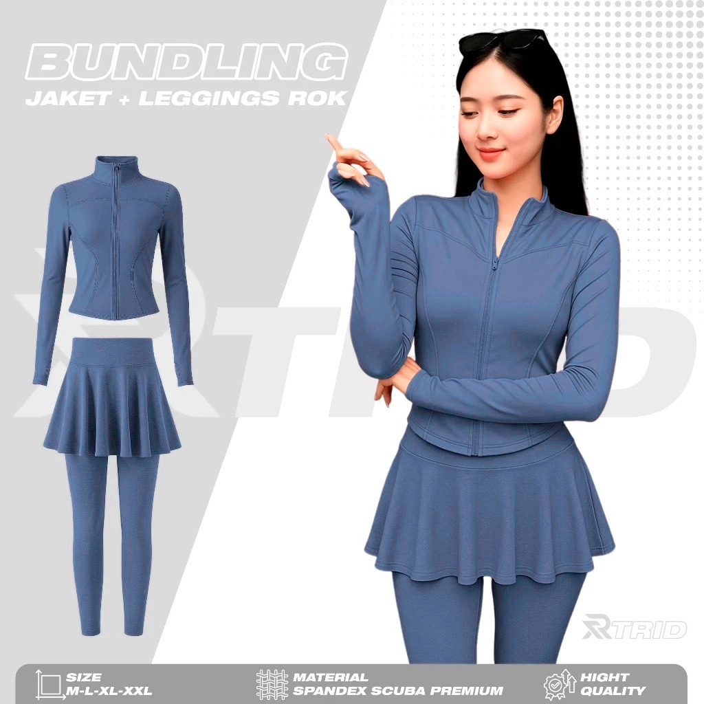 THEREAL.ID - Setelan Jacket Legging Rok Olahraga Wanita Lengan Panjang Gym Tenis Running Anti UV