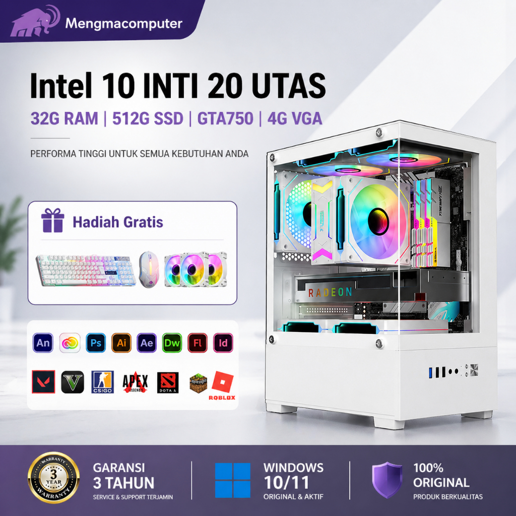 MA PC gaming full set 12-inti baru, Komputer desktop perakitan desain kantor dan bermain game berskala besar VGA GT730 GTX750 RX3050 Gratis keyboard dan mouse